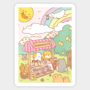 Muffin cat and dog selling croissant on a sunny day Sticker